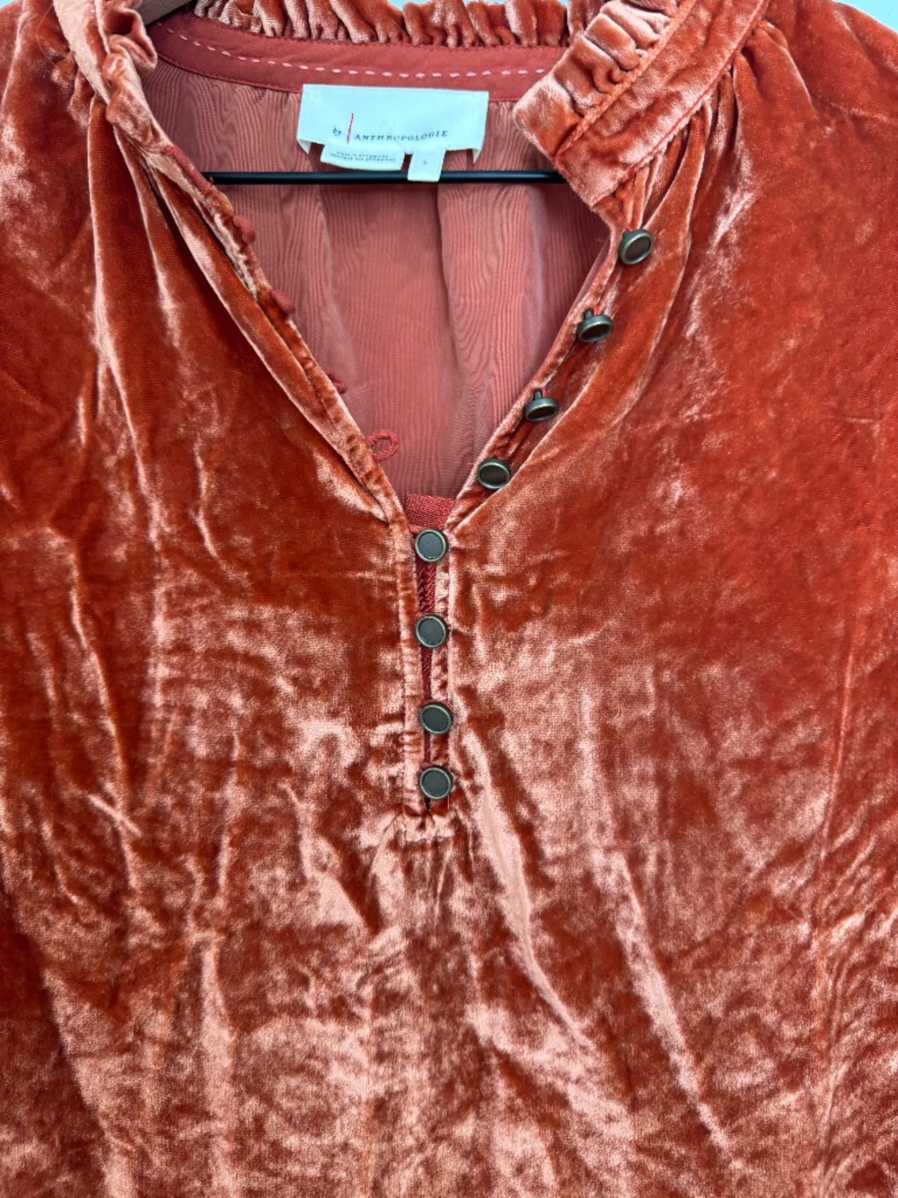 Anthropologie Kristianne Velvet Blouse Size L Rust Orange Shimmer Luxe Boho - Picture 5 of 10